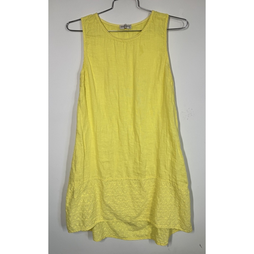 Terzo Millennio Sleeveless 100% Linen Yellow Midi Dress Sz L  Resort Cruise Boho